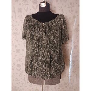 Jessica Simpson Leaf Graphic Print Shire Blouse Top Dark Green Sz L Sz‎ 16